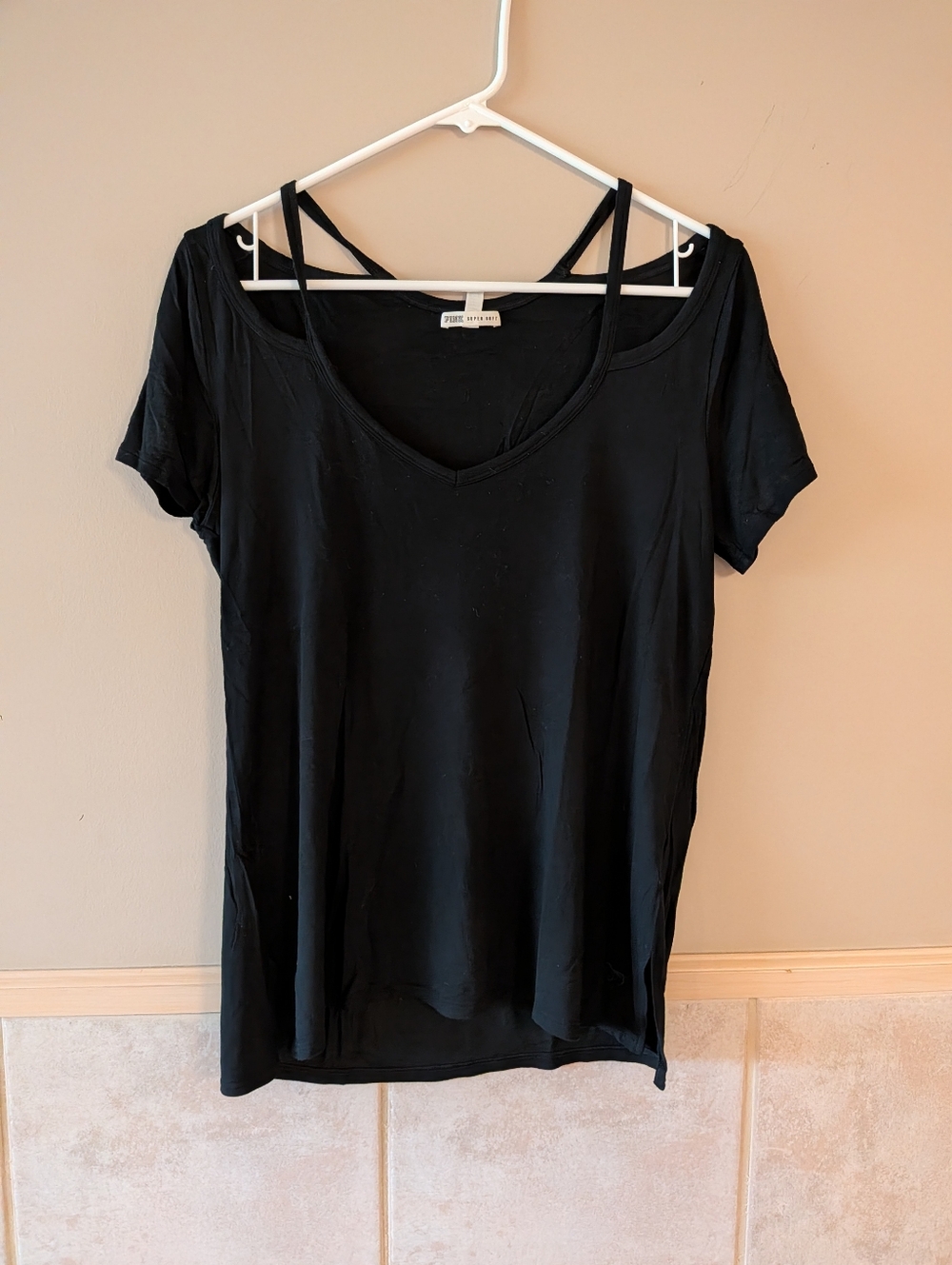PINK, Women's Black Peep Shoulder Tee, Size S